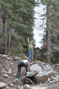 Mikaylah & Caiden climbing rocks at Bridal Veil Falls